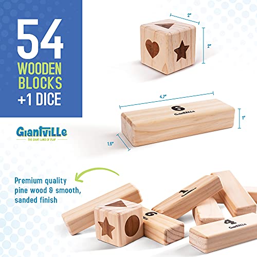 Giantville Giant Tumbling Timber Toy - Premium Pine Wood Life-Size Blocks Tower - Big Floor/Board Indoor/Outdoor Yard Game for Kids & Adults - 54-Pieces + Dice + Carry Bag - Grows to Almost 3-Feet - size: Large
