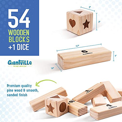 Giantville Giant Tumbling Timber Toy - Premium Pine Wood Life-Size Blocks Tower - Big Floor/Board Indoor/Outdoor Yard Game for Kids & Adults - 54-Pieces + Dice + Carry Bag - Grows to Almost 3-Feet - size: Large