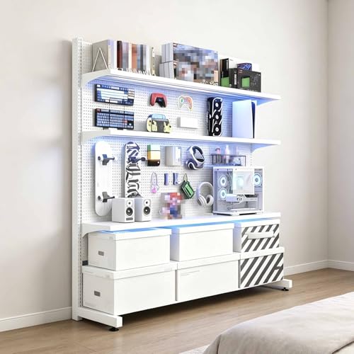 Standing Pegboard Shelf Unit, Free Standing Gaming Shelf, Modular Pegboard and Shelf System with 20 Hooks, Versatile Storage Organizer for Home Office Gaming Room(White,66cm) - color: White, size: 66cm