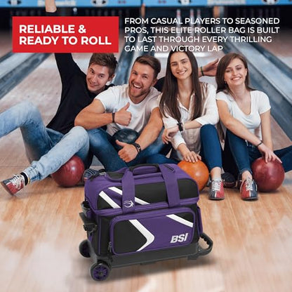 BSI Dash Roller Bowling Bag with Smooth Rolling Wheels, Padded Ball Compartment, Retractable Locking Handle, & Shoe Pocket - color: Black/Purple/White, style: Double