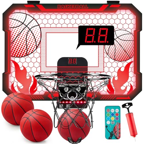 VROGTIK Indoor Basketball Hoop for Kids with Led Lights Mini Basketball Hoop with Remote Control Over The Door Basketball Hoops with Scoreboard Basketball Toys for 4-12 Year Old Boys Girls - style: Red with Lights