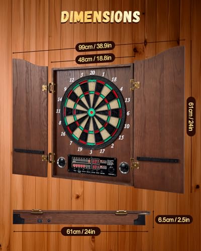 Electronic Dart Board, Decorative Dart Board Cabinet Set for Adults [12*Bronze Soft Tip Darts] [Cricket Game Mode]- Wooden Electric Dartboard Cabinet for Family Game Rooms - style: COFFEE