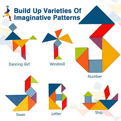 Vanmor Wooden Tangrams Sets Pattern Blocks, Shape Card Brain Teaser Puzzles Educational Toy, Travel Games for Kids Ages 4-8 Road Trip Essentials - color: Tangrams Set