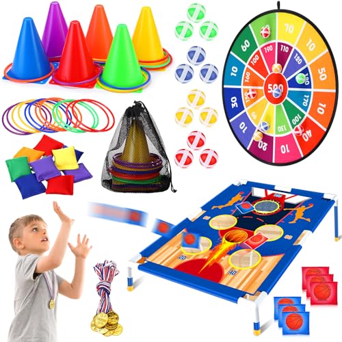 Hungdao 61 Pcs Toss Game Toys Set Bean Bag Carnival Games Ring Toss Game Dart Board Corn Hole Games with Sticky Balls Rings Medal Party Toys for Boys Girls Gifts Outdoor Indoor