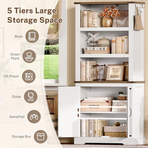 TEENFON 70.9in Tall Storage Cabinet with Adjustable Shelves, Kitchen Pantry Cabinet with 2 Barn Doors, 5 Tiers Farmhouse Bookcase for Living Room, Kitchen, Home Office, Bedroom, White - color: White-01