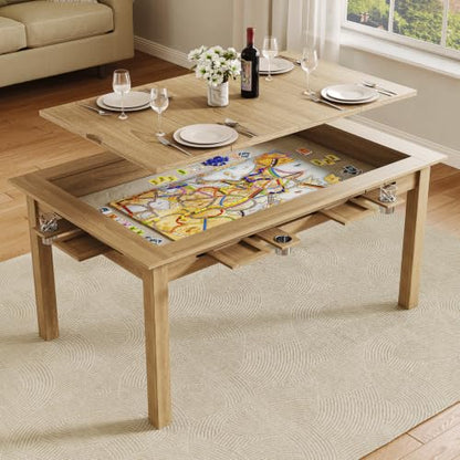 Board Game Table with Removable Top, 63" Dining/Gaming Table for 4-6 Players with 53in x 31.5in Play Area, Includes 6 Cup Holders & Trays, Natural Wood (Game Mat Not Included) - color: Natural Wood