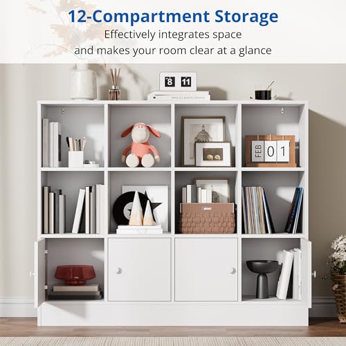 Cozy Castle White Wood Bookcase, 12 Cube Display Shelf with 4 Doors, 3 Tier Open Bookshelf with Adjustable Shelves for Living Room, Home Office, Entryway - color: White
