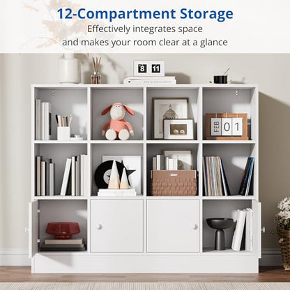 Cozy Castle White Wood Bookcase, 12 Cube Display Shelf with 4 Doors, 3 Tier Open Bookshelf with Adjustable Shelves for Living Room, Home Office, Entryway - color: White