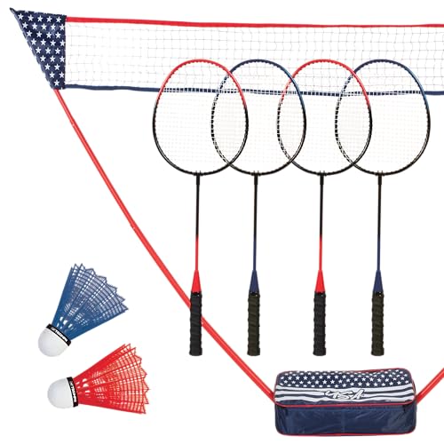 Triumph Patriotic Portable Badminton Set with Freestanding Net, 4 Rackets, 2 Shuttlecocks, and Carry Case – All-in-One Outdoor Game for Backyard, Beach, Camping, and Family Fun
