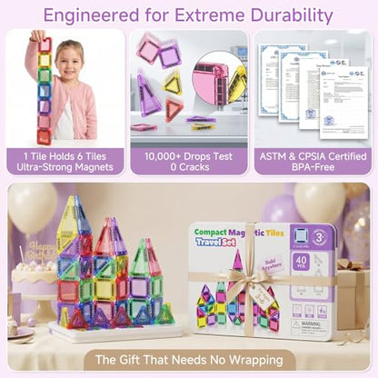 Magnetic Tiles for Kids Travel: 40pcs Portable Mini Building Toy - 30-Sec Iron Case Opens Into 10.6-Inch Play Board - STEM Gift for Toddlers Ages 3-6 - Airplane Road Trip Restaurant - style: 40PCS Purple