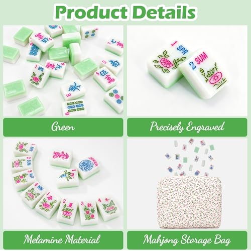 Jolitac American Mahjong Tile Set with 166 Tiles, 1.2-Inch Tiles & Accessories, Mahjong Gift Set with 3 Blue Dice and Mahjong Tile Bag, Portable Travel Game for Adults, Family Night, Gift (No Rack) - color: Green