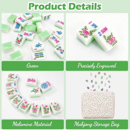 Jolitac American Mahjong Tile Set with 166 Tiles, 1.2-Inch Tiles & Accessories, Mahjong Gift Set with 3 Blue Dice and Mahjong Tile Bag, Portable Travel Game for Adults, Family Night, Gift (No Rack) - color: Green