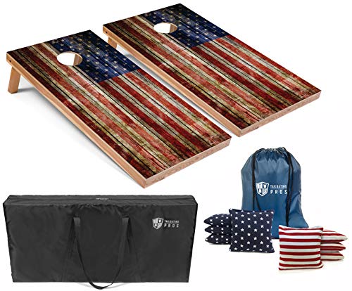 Tailgating Pros American Themed Lightweight Corn Hole Board Set w/Bean Bags and Carrying Case - 4'x2' Cornhole Toss - color: Rustic Plank Flag