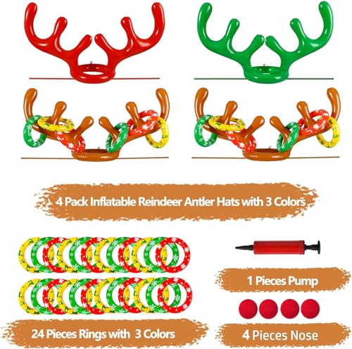 Max Fun Inflatable Reindeer Antler Ring Toss Christmas Games Indoor Outdoor Party Games Hat for Xmas Gifts Holiday Party Supplies Favors Games for Family - style: Style B -4PACK