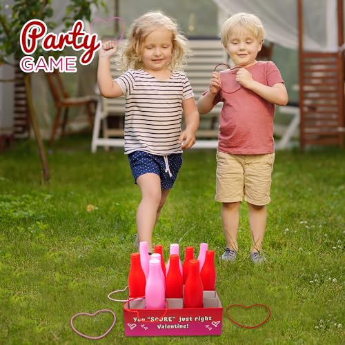 Valentine Bottle Ring Toss Game for Kids Party Activity, Indoor/Outdoor Backyard Yard Carnival Game, Classroom Valentine's Party Games for Kids and Adults Party Supplies by 4E's Novelty, Red, Pink