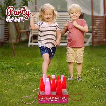 Valentine Bottle Ring Toss Game for Kids Party Activity, Indoor/Outdoor Backyard Yard Carnival Game, Classroom Valentine's Party Games for Kids and Adults Party Supplies by 4E's Novelty, Red, Pink