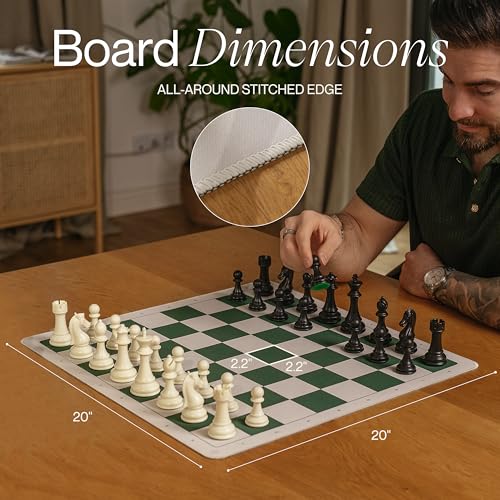 Rook & Roll Tournament Size Chess Set for Adults 15+ with 54 Opening Cards, 20”x20” Roll Up Mousepad Board, Triple Weighted Staunton Pieces, 3.75” King, 2.2 oz, 2 Extra Queens, EVA Case