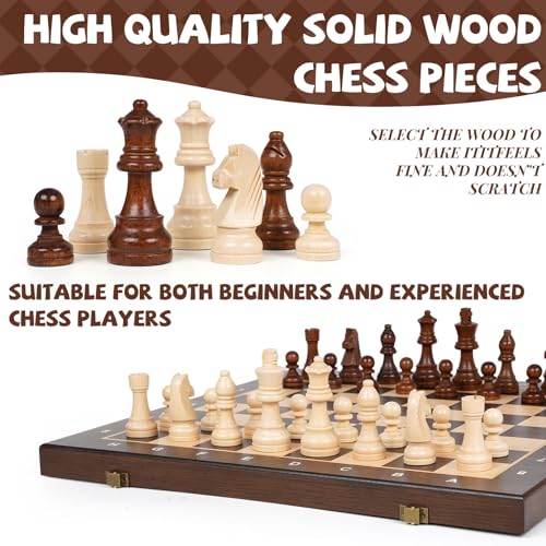 15" Magnetic Wooden Chess Set for Kids,Adults & Beginners with 3" King & 2 Extra Queens – Portable Folding Travel Chess Board with Storage – Classic Strategy Game