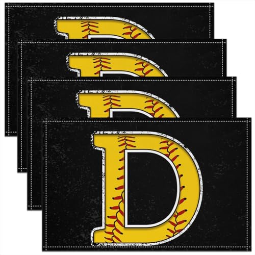 Erosebridal Initial D Letter Placemats 12x18 inch Set of 4 Baseball Pattern Place Mats for Kitchen Table | Monogrammed Table Place Mats Softball Accessories Yellow Black Heat Resisting Placemats - color: Yellow D