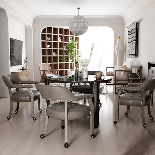 Set of 4 Dining Chair with Casters, Accent Captains Chairs with Wheels & Arms,Wheeled Roller Wood Chairs for Kitchen & Game Poker Table,Antique Grey&Dark Brown(NO Table!) - color: Antique Grey&dark Brown