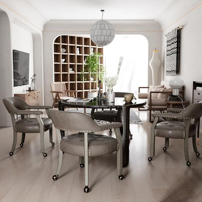 Set of 4 Dining Chair with Casters, Accent Captains Chairs with Wheels & Arms,Wheeled Roller Wood Chairs for Kitchen & Game Poker Table,Antique Grey&Dark Brown(NO Table!) - color: Antique Grey&dark Brown