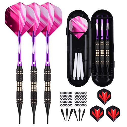 Soft tip Darts Set 18/20 Grams - Professional Darts Plastic Tip with Brass Barrel + Aluminum Shafts + 50 Rubber o-Ring + 6 Flights +50 Soft Tips for Electronic Dartboard - color: 18g-PURPLE