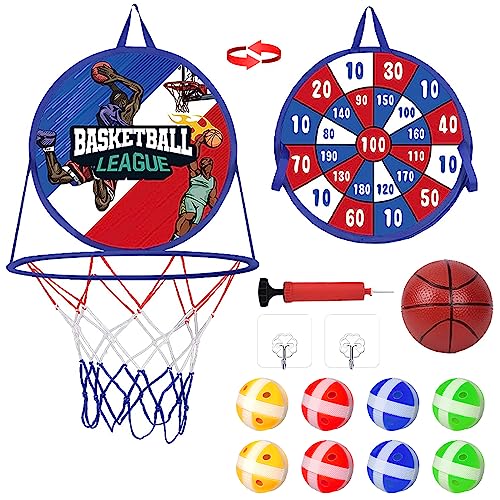 2 in 1 Basketball Hoop Indoor & outdoor with Dart Board for Kids,14" Foldable Dart Board with Sticky Balls and Mini Basketball Hoop, Party Birthday Gifts Toy for 2 3 4 5 6 7 8 9 10 Year Old Boys Girls