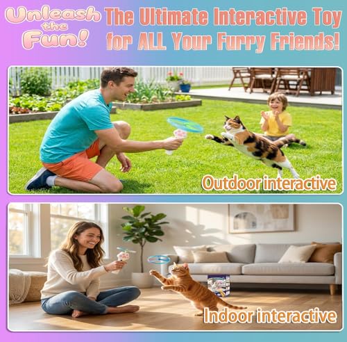 Cat Fetch Toy Auto Launcher 6 Discs 30m Range USB-C Rechargeable | Upgraded automatic disc launcher with 6 premium discs (3 glow), 30m range, USB-C rechargeable. Interactive indoor cat toy.