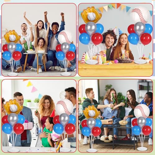 Baseball party Balloons Stand Kit 2 Sets with 2 Baseball Glove Foil Balloons Red Blue Silver Themed Party Balloon Centerpiece for Tables for Men Boys Game Sports Rookie Year 1st Birthday decorations - style: Baseball