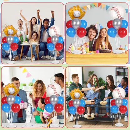 Baseball party Balloons Stand Kit 2 Sets with 2 Baseball Glove Foil Balloons Red Blue Silver Themed Party Balloon Centerpiece for Tables for Men Boys Game Sports Rookie Year 1st Birthday decorations - style: Baseball