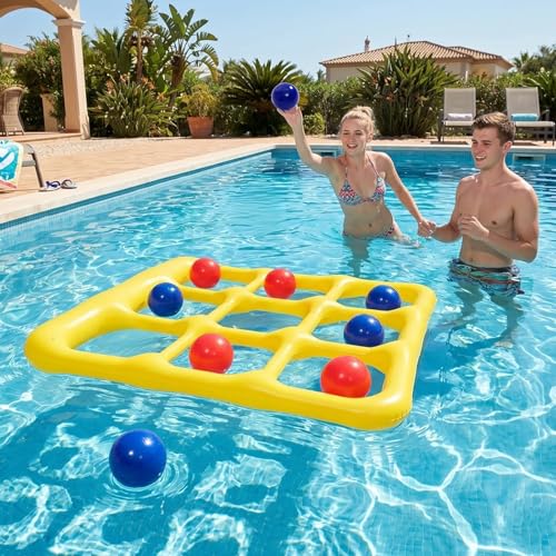 Cyfie Inflatable Floating Pool Toss Game for Teens、Adults, Yellow Tic-Tac-Toe Water Game Set with 10 Balls, Summer Swimming Pool Toy for Family Backyard Party、Beach、Lake Games、Vacation - color: Yellow