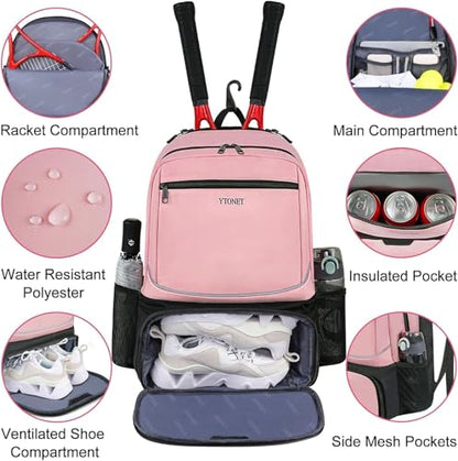 Ytonet Tennis Bag Tennis Backpack for Women Men 2 Rackets with Insulated Pocket Ventilated Shoe Compartment - color: Pink