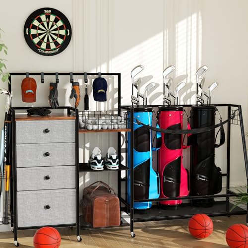 DALEMHOME Golf Bag Storage Rack for Garage, Extra Large 70.07" Golf Organizer Fits 3 Golf Bags, Heavy Duty Metal Golf Equipment Storage Stand with 4 Drawers, Side Basket and Lockable Casters
