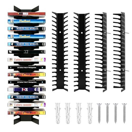 Video Game Storage Organizer Wall Mount - Metal Media Shelf Holds Up to 72 Disc Boxes, Game Case Holder for PS, Xbox, Switch, Space Saving 4-Pack Disc Holder, No Tools Needed (4-Pack)