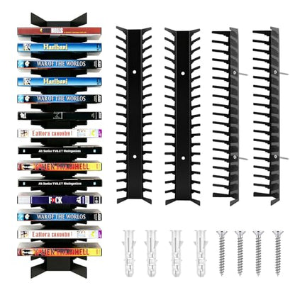 Video Game Storage Organizer Wall Mount - Metal Media Shelf Holds Up to 72 Disc Boxes, Game Case Holder for PS, Xbox, Switch, Space Saving 4-Pack Disc Holder, No Tools Needed (4-Pack)