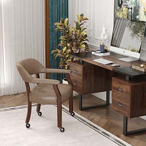 Set of 4 Dining Chair with Casters, Accent Captains Chairs with Wheels & Arms,Wheeled Roller Wood Chairs for Kitchen & Game Poker Table,Cherry&Light Wheat 1533LT(NO Table!) - color: Cherry&light Wheat