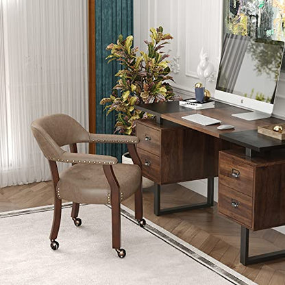 Set of 4 Dining Chair with Casters, Accent Captains Chairs with Wheels & Arms,Wheeled Roller Wood Chairs for Kitchen & Game Poker Table,Cherry&Light Wheat 1533LT(NO Table!) - color: Cherry&light Wheat