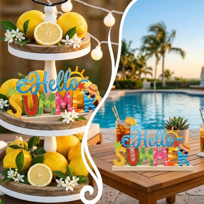 Hello Summer Table Decorations Summer Tropical Metal Table Sign Beach Holiday Tabletop Centerpiece Beach Tiered Tray Decor for Home Kitchen Mantel Party Centerpieces - style: Hello Summer