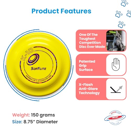 Hyperflite K-10 SofFlite Soft Dog Flying Disc, 2 Pack, Medium-Large | Ultra Soft, Competition Approved, 2 Pack | 8.75-inch, 150g | Medium & Large Dogs | Yellow