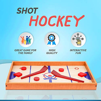 Point Games Small Tabletop Slap Shot Hockey Game, Super Durable Wooden Board with 2 Sticks and 5 Pucks, Great Family Game for Ages 5+