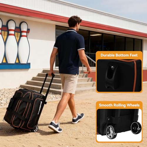 2 Ball Bowling Bag with Wheel,900D Oxford Waterproof PU,Dual Roller Bowling Bag with Sturdy Frame,Large Shoe Compartment Fits Up to Men’s 16,Rolling Bowling Tote, Handle Extends to 39.5" - color: Black