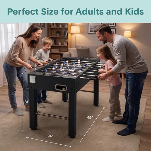 SereneLife 48in Foosball Table, Competition Size Soccer Game Table for Kids and Adults, Home Game Room Arcade Set, Leveling Legs, Engineered Wood, Chrome Steel Rods, 2 Balls, 2 Cup Holders - color: B) Black