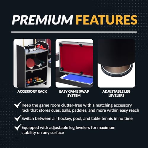 Hathaway Triple Threat Multi Game Table – Space-Saving Rotating Playfield for 6ft Pool Table, Air Hockey Table, & Table Tennis - 3 in 1 Game Table with Complete Accessories & Display Rack