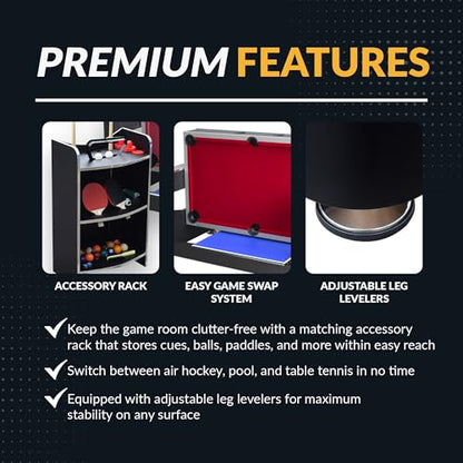 Hathaway Triple Threat Multi Game Table – Space-Saving Rotating Playfield for 6ft Pool Table, Air Hockey Table, & Table Tennis - 3 in 1 Game Table with Complete Accessories & Display Rack
