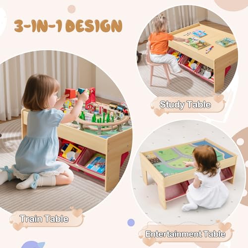 Costzon Train Table, 3-in-1 Wooden Activity Table W/ 3 Storage Bins, Reversible 94 PCS Track Train Toys & Table Map for Building, Playing, Studying, Eating, Kids Train Set Table for Boys Girls Aged 3+ - size: 36" x 25" x 15.5" (L x W x H)