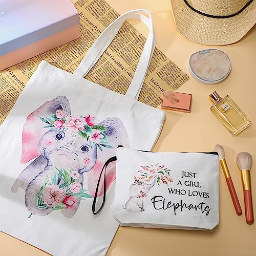 Sieral 2 Pcs Animal Lover Bag Gift for Women Travel Canvas Tote Portable Zipper Pouch Canvas Reusable Grocery Tote - style: Elephant