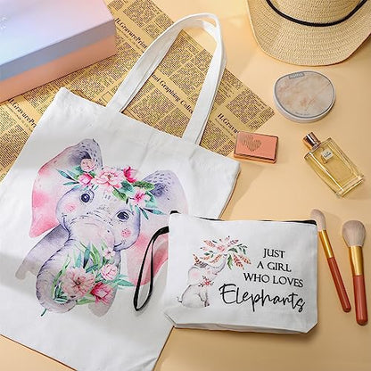 Sieral 2 Pcs Animal Lover Bag Gift for Women Travel Canvas Tote Portable Zipper Pouch Canvas Reusable Grocery Tote - style: Elephant