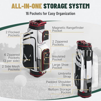 uniHimal T-Lock Golf Cart Bag with Quiet 14-Way Full-Length Divider Top | Golf Bag for Men with Magnetic Pocket, Cooler Pocket, Handle and Rain Cover - color: White