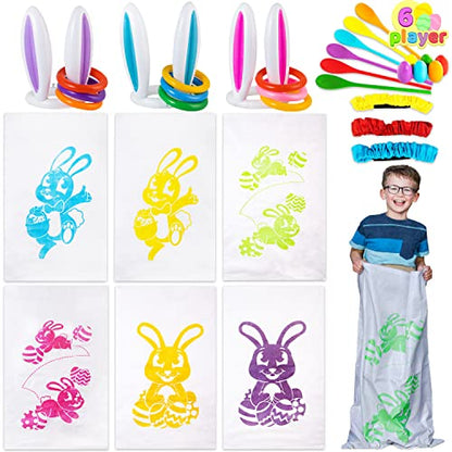 JOYIN Easter 33PCS Potato Sack Race Jumping Bags, Spoon and Egg Race, 6 Players Legged Relay Race Bands Elastic Tie Rope for Easter Theme Party Favor, Outside Lawn,Eggs Hunt Game Activities