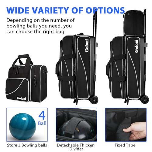 Goloni 3 Ball Bowling Bag with Wheels, Rolling Bowling Roller Bag with Retractable Handle for Balls & Bowling Accessories - color: 4 Ball-Black